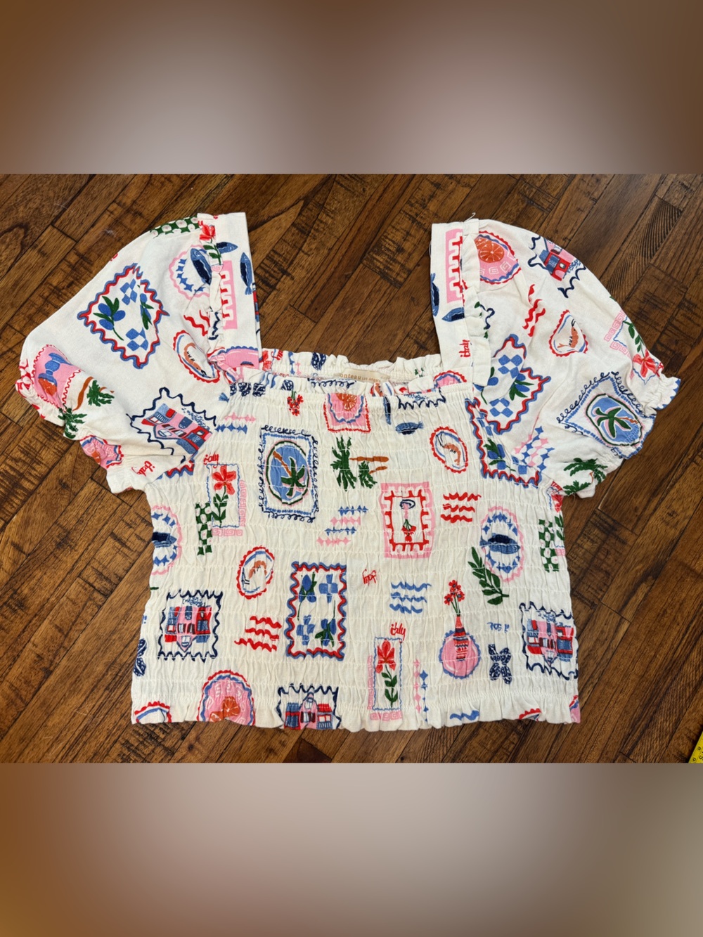 Monteau White Smocked Square-Neck Crop Top Size Large
